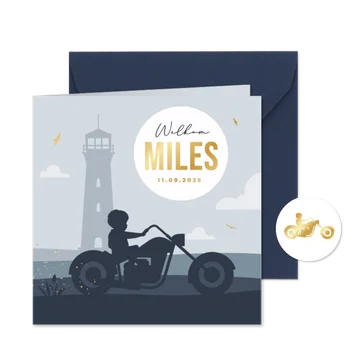 Geboortekaartje stoer jongen motor silhouet zee strand